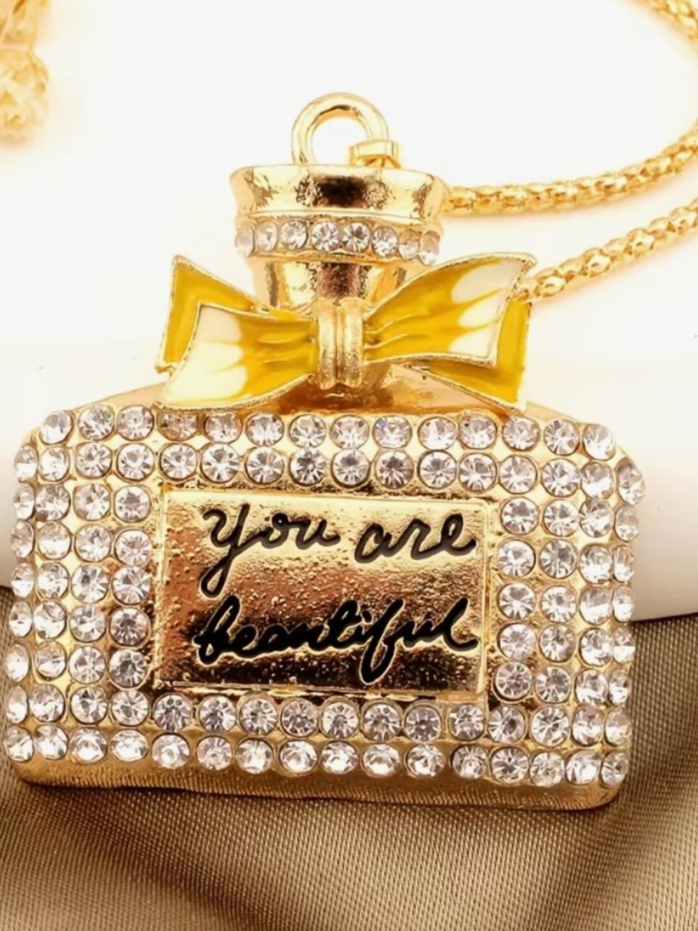 💛 Betsey Johnson Gold Rhinestone 'You Are Beautiful' Perfume Bottle Necklace 💛 - Picture 3 of 4
